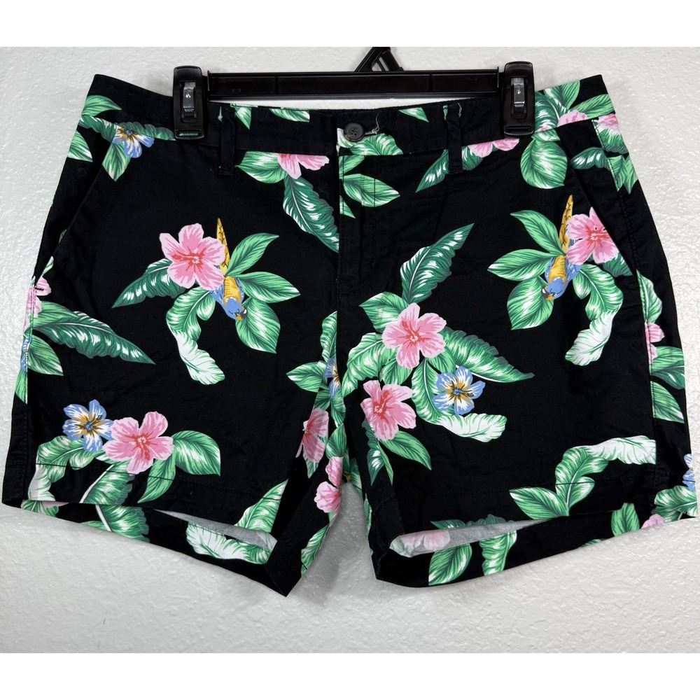 Old Navy Womens Black Tropical Shorts Size 8 Everyday Chino Hawaiian Cotton